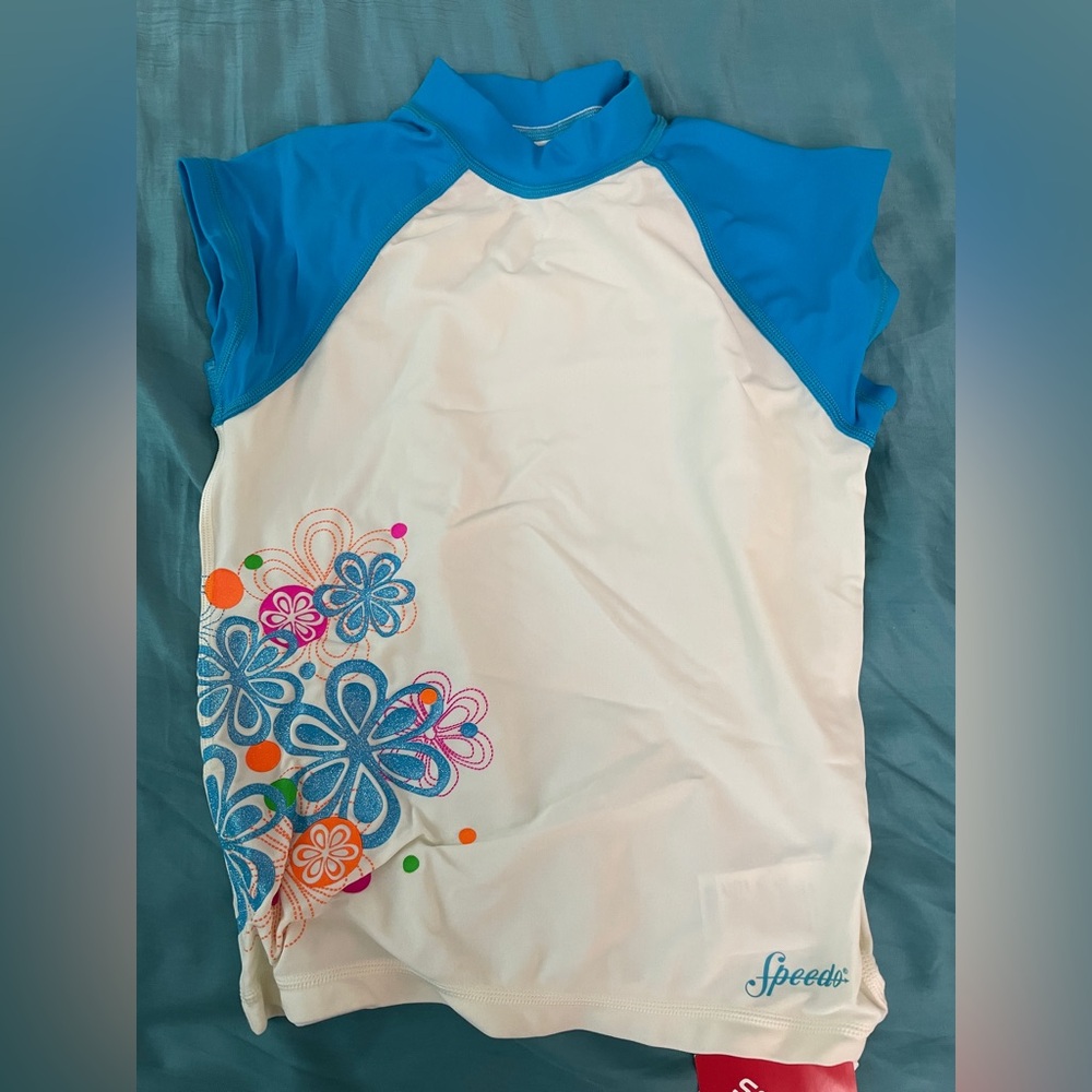 NWT Speedo Girl White Blue Floral UV Protect Swimwear Swim Top Sz M